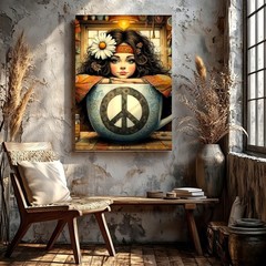 Wall Art Hippie Girl in Teacup Peace Sign Daisy Boho Kitchen Fantasy Print Decor