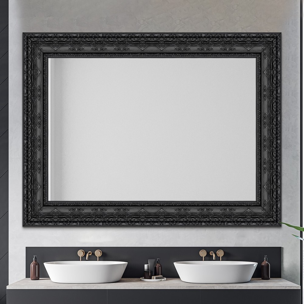 Mirror and Frame Meter Rectangular Wall Mirror Black Finish Ornate Style