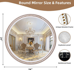 24 Inch Rustic Round Wall Mirror, Farmhouse Wooden Circle Bathroom Vanity Mir…