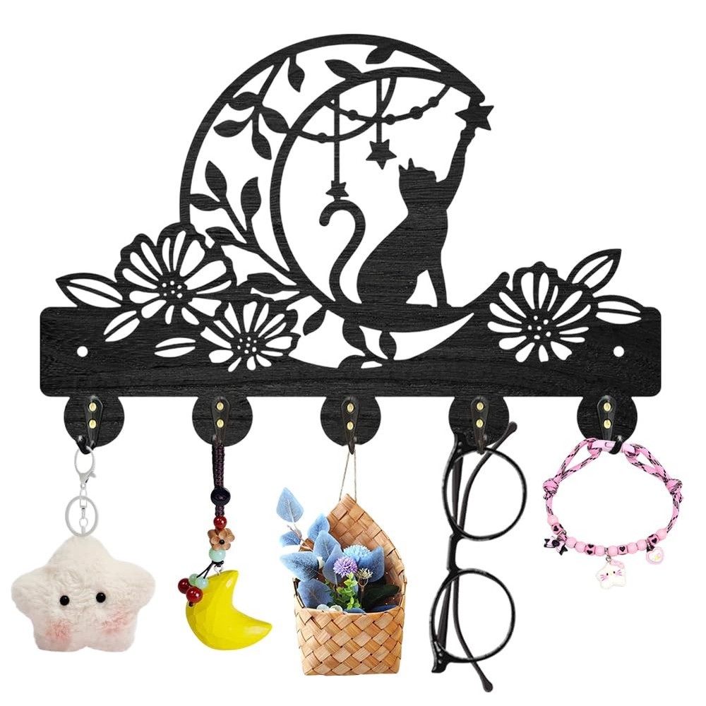 MAYJOYDIY Cat Moon Flower Coat Rack Wall Mounted Wood Animal Star