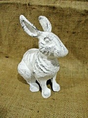 Large Cast Iron RABBIT Easter BUNNY Garden Statue RUSTIC Home Decor 7″ White