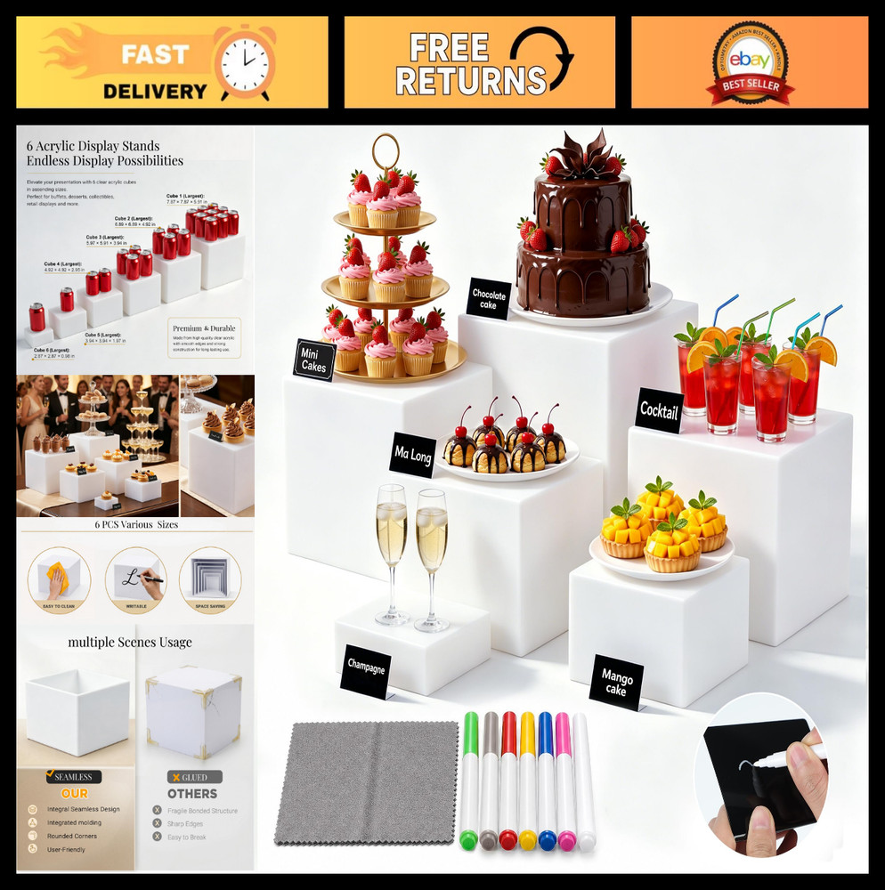 6 Pcs White Acrylic Buffet Risers – Stackable Food Display Stands for Parties &