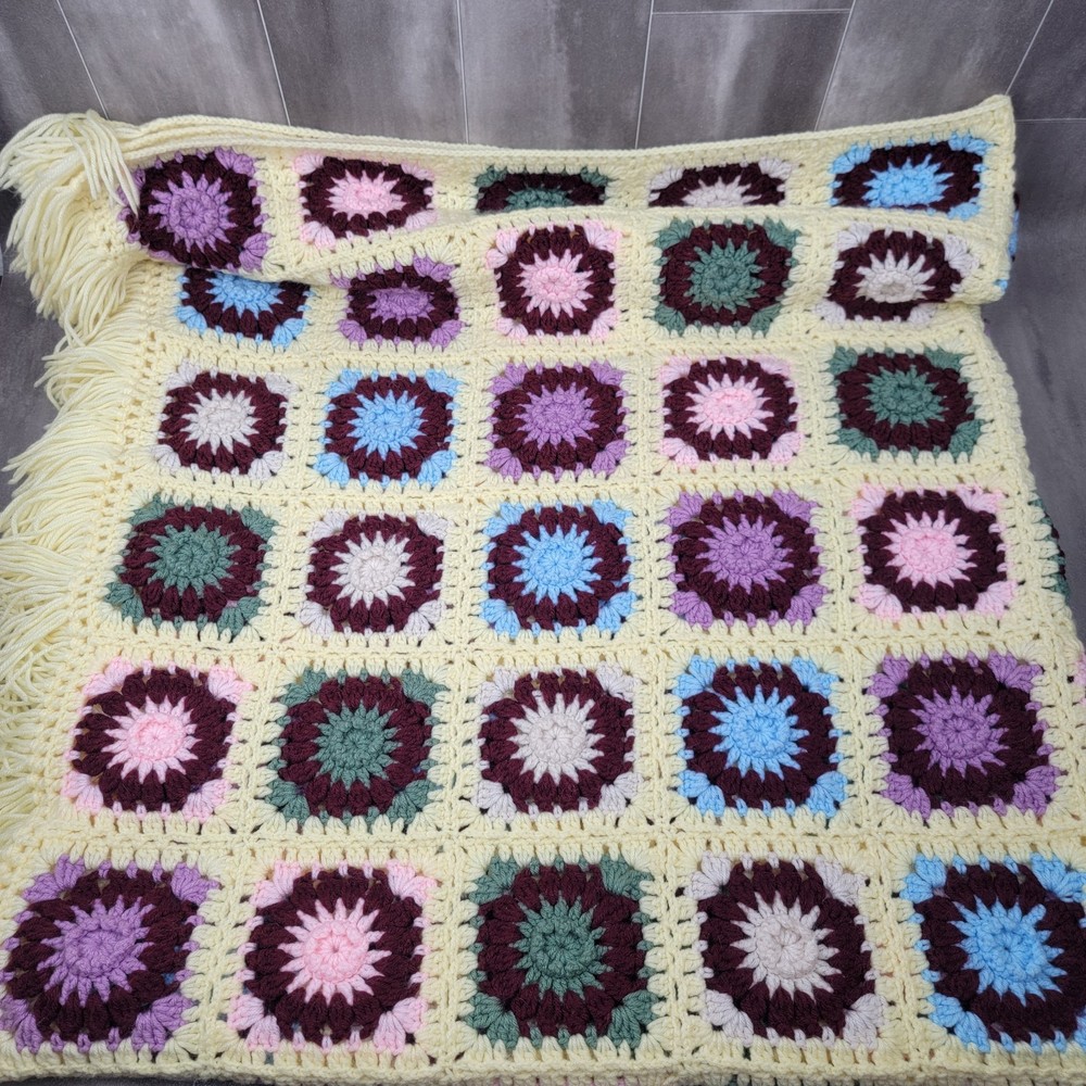 Vintage Granny Square Crochet Afghan Cottage Core 64″ x 74″ Yellow Easter Color