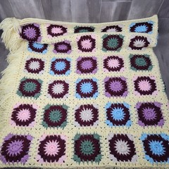 Vintage Granny Square Crochet Afghan Cottage Core 64″ x 74″ Yellow Easter Color