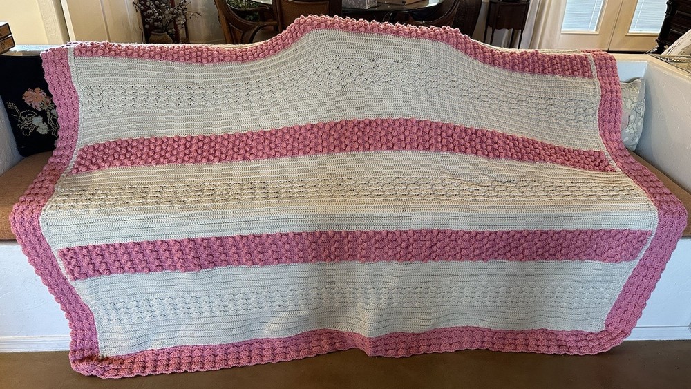 Afghan Crochet Blanket Twin Bedspread Pink Ivory/Beige Stripe French Knot ~75X99