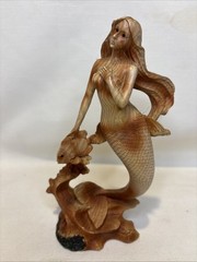 7 in Natural Wood Mermaid Figure Statue Fantasy Figures Hand-Carved