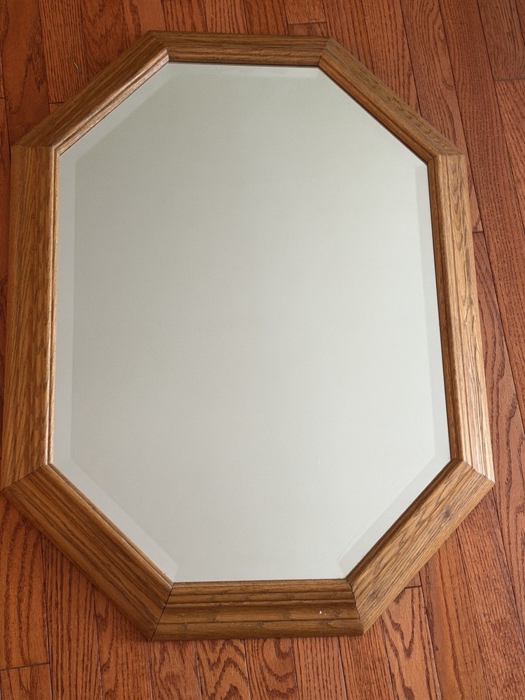 Vintage Solid Oak Octagonal Wall Mirror Beveled Edge Glass