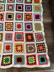 VTG Handmade Granny Square Crochet Afghan Blanket Multicolor White 62×74 READ