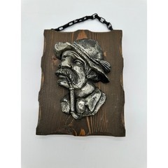 Vintage Wall Plaque Art Man Smoking Pipe 3D Relief Rustic Wood Silver 7×5.5in