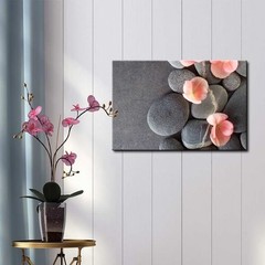 Wall26 – Peach Colored Flower on Smooth Zen Stones – Canvas Art – 24×36 inches