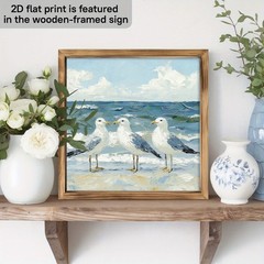 Seagulls Coastal Wooden Print Wall Art Framed Beach Theme Decor for Home & Patio