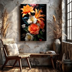 Wall Art Floral Bouquet Print Orange Lily Rose White Blossom Black Background