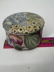 Vintage Chinoiserie Porcelain Trinket Box Hand Painted Floral Pink Green