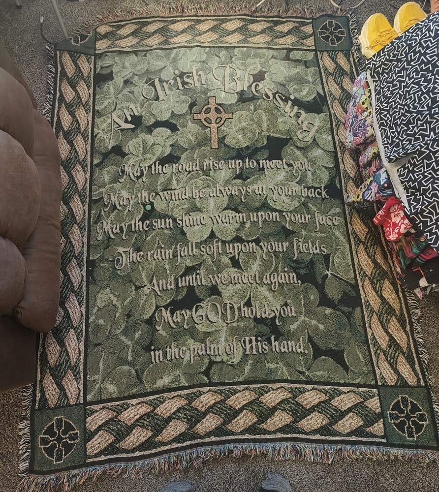 Vintage IRISH BLESSING Ireland Shamrock Cross Rug Tapestry Throw Blanket 65×50