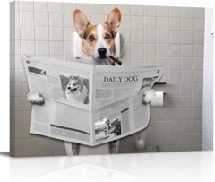 Canvas Print Painting Dog Reading Newspaper On Toilet Wall Art Bathroom Decor