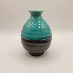 Glossy Teal & Matte Black Colorblock Ceramic Pottery 5″ Small Vase Sake Jug