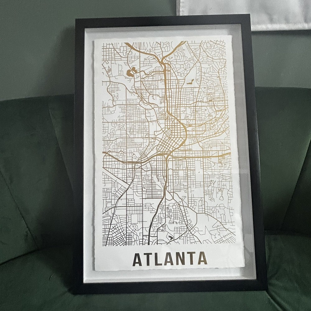 Map of Atlanta Georgia Gold Foil On White Canvas black frame Wall Art 16×24