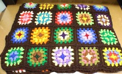 Handmade Crochet Granny Square Blanket Multicolor Patterns Brown Borders 56×76″