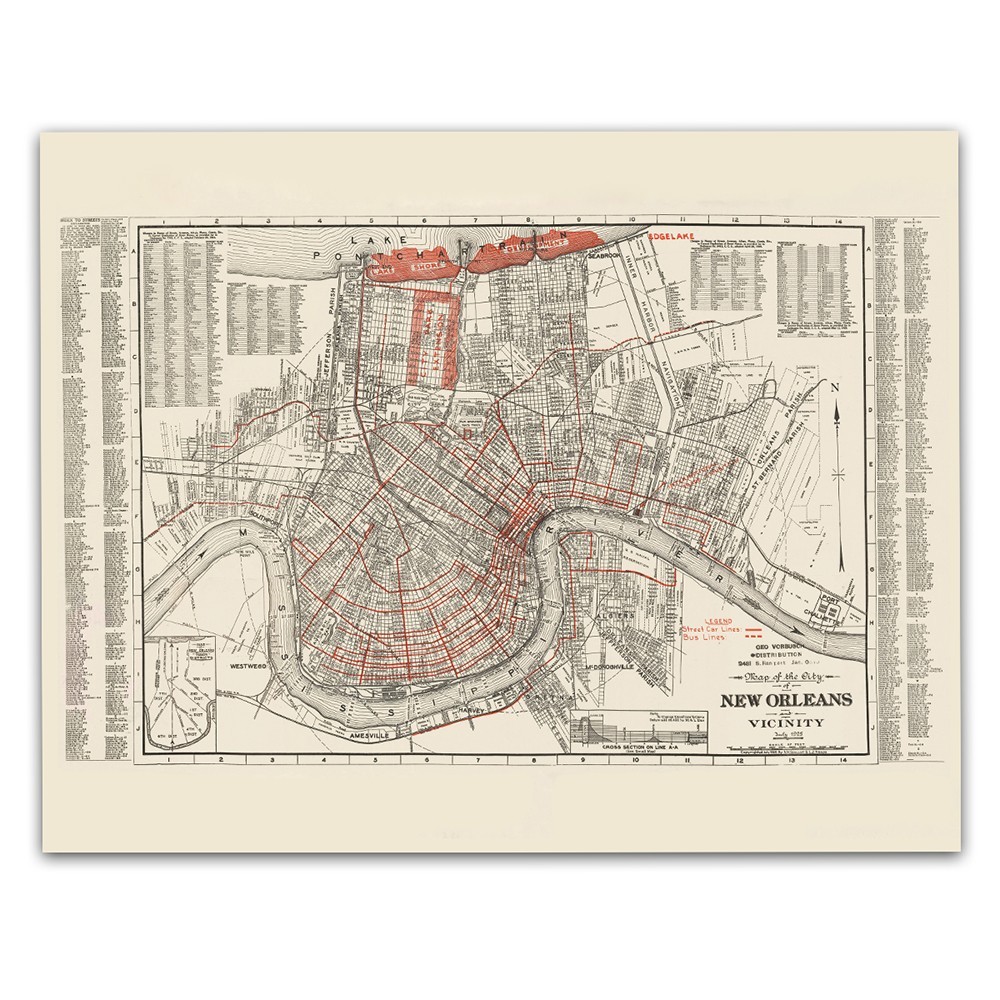 New Orleans Louisiana 1935 Antique City Map Mississippi River Vintage Wall Art