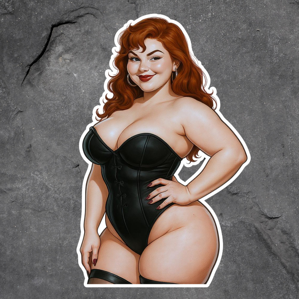Pinup Girl Sticker Vinyl Decal Redhead Black Corset Curvy Sexy Retro Beauty 7″