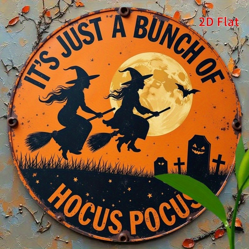 2D Flat, 1pc – Halloween Flying Witch Silhouette Tin Metal Signs, 8×8 inches – S
