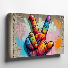 Colorful graffiti wall art canvas print peace sign hand urban street art decor