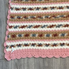 Vtg Hand Crochet Blanket Afghan Throw Pink Gray Brown Multicolor 59”x49”Signed