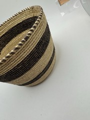 Handwoven Coiled Striped Basket Natural Fiber Boho Tribal Decor Brown Beige 7.5″