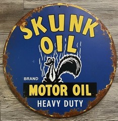 Skunk Oil Motor Oil 8″ Diameter Vintage Novelty Metal Sign Made In USA New!