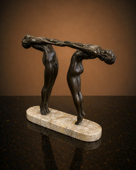 THEODORE ALEXANDER OPPOSING ART DECO ATHLETES CAST BRASS MARBLE SCULPTURE STATUE