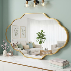 Gold Scalloped Irregular Wall Mirror with Brushed Metal Frame, Modern Asymmetric
