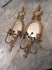 Vintage/Retro Brass Gold Oval Wall Mirror Candle Sconces Pair 8in x 20in