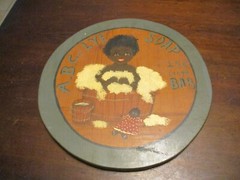 A.B.C. LYE SOAP BAR 25 CENT SOAP BAR GIRL IN WASH TUBE WITH DOG WOOD SIGN 11.25′