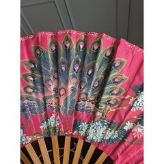 Vintage Hand Painted Peacock Wall Fan Bamboo Pink Floral Folding Asian Decor