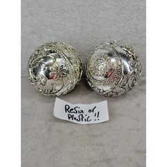 Set of 2 Ornate Silver Floral Decorative Spheres Resin Plastic Bowl Fillers 4″