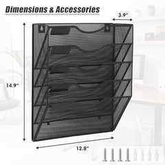 5 Pocket Mesh Hanging Wall File Organizer, Wall Mounted Mail 5 Tier Black