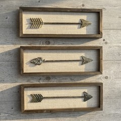 Set of 3 Rustic Metal Arrow Wall Art Wood Frames Burlap Country Decor 15″
