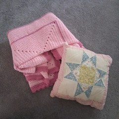 VTG Handmade Crochet Blanket & Quilted Star Pillow Set – Pink Shabby Chic