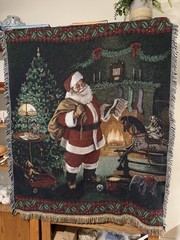 Fringed Tapestry Christmas Throw Blanket Santa, Tree, Fireplace 58”x47”