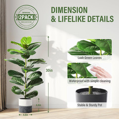 30″ Artificial Fiddle Leaf Fig Tree – 2 Pack Faux Plants with Pots for Decor