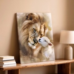 Wall Art Lion and Lamb Canvas Print Neutral Animal Portrait Farm Safari Decor