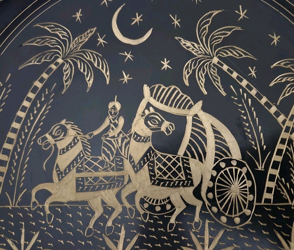 STUNNING OOAK LARGE VINTAGE WALL HANGING SCENIC ART BOWL HORSES IN DESERT NIGHT