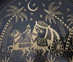 STUNNING OOAK LARGE VINTAGE WALL HANGING SCENIC ART BOWL HORSES IN DESERT NIGHT