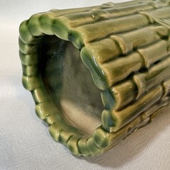 Vintage MCM Bamboo Vase Green Ceramic Tiki Planter Orchids Hawaii Style B-646