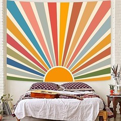 Boho Burning Sun Tapestry Wall Hanging, Retro 70s Abstract 48″L x 36″W Rainbow
