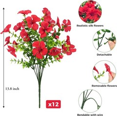 12 Pcs Artificial Geranium Flowers for Outdoors, Fake Silk Flowers UV Resistant