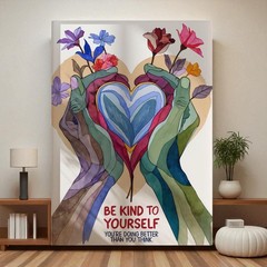 Be Kind to Yourself Watercolor Wall Art, Self Care Gift, Floral Mental Health