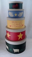 5 Nesting Stacking Distressed Primitive Folk Art Shaker Style Round Hat Boxes