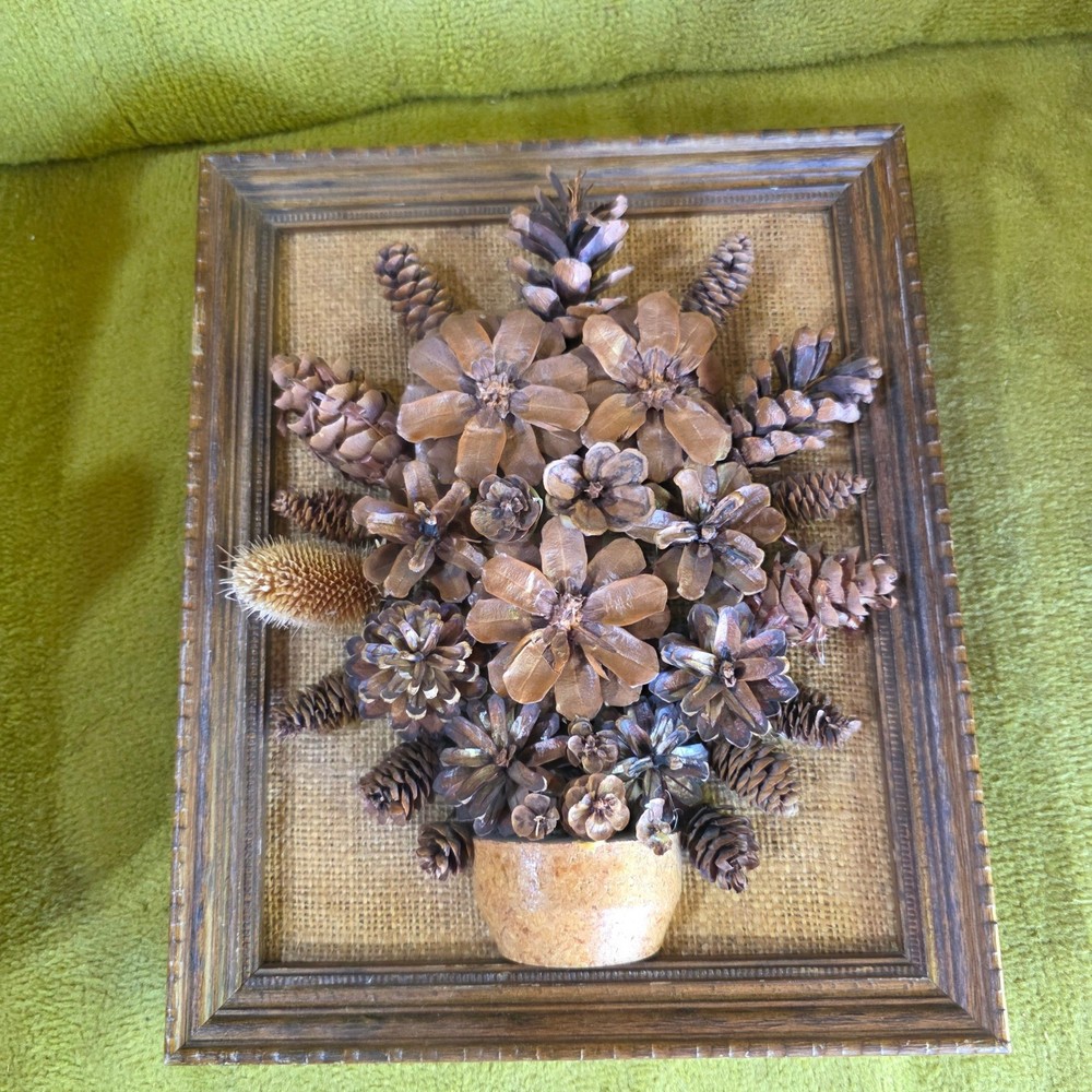 Framed 3D Pinecone Flower Art 12×10 Burlap Framed Wall Decor, 70s mixed media