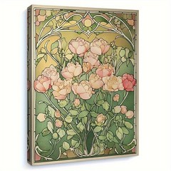 Art Nouveau Pink Roses Floral Canvas Wall Art, Vintage Botanical Decor